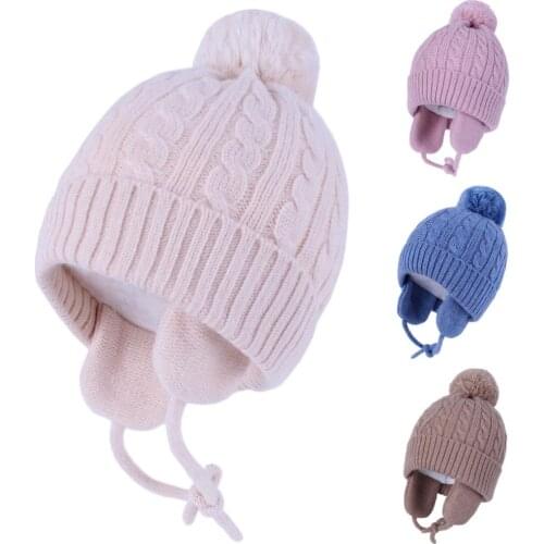Connectyle Toddler Baby Girls Boys Winter Skull Hat Cute Cable Fleece Lined Warm Knitted Earflap For Kids Daily Cap With Pom