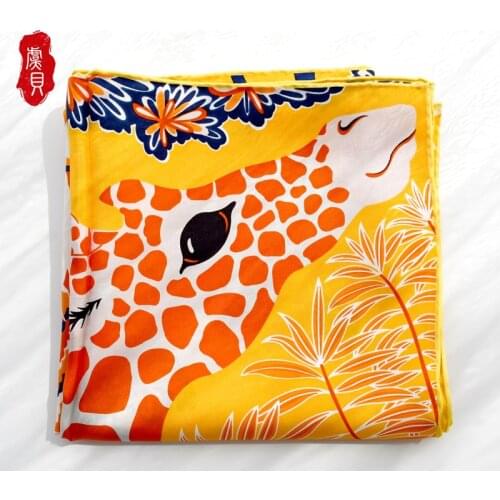Orange blue natural silk scarf printed with giraffe for women 100% real silk soft high quality square wrap shawl gift for lady