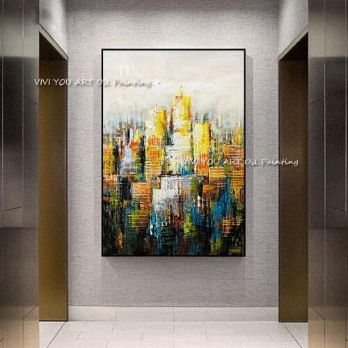 Modern 100% Hand Painted Abstract Textured Yellow Landscape city Oil Painting Canvas Buildings Wall Art For Living Room Office