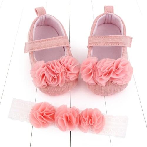 Baby Girls Flowers Soft Solid Prewalker Princess Shoes With Headband Breathable Leather Shoes For Kids Flats Princess Shoes 2021