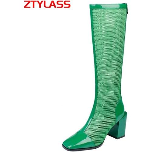Women Genuine Leather Fashion Knee High Boots Sexy Hollow Breathable Mesh Boots Ladies Thick High Heel Summer Long Boots