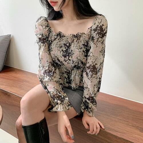 Women 2021 Sweet Fashion Square Neck Blouses Women Long Puff Sleeve Floral Print Shirt Elegant Vintage Chiffon Female Chic Tops