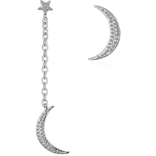 New Arrival 925 Sterling Silver Asymmetric Moon & Star CZ Zircon Ladies Long Stud Earrings Wholesale Jewelry For Women Gift