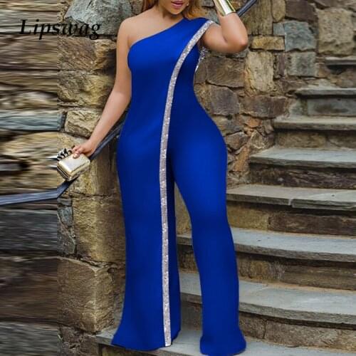2021 Summer New One-shoulder Sequin Ruffle Jumpsuit Women Sleeveless Solid One Piece Romper Spring Wide Leg Pants Party Playsuit