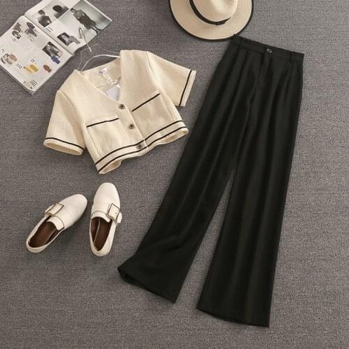 Streetwear Fashion Summer Two Piece Set Women Crop Top Shirt Blouse + Wide Leg Pant Suits Vintage Jacket Coat Pants 2 Piece Set