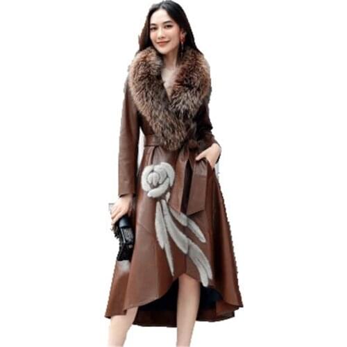 Leather Female 2020 New Winter New Leather Long Coat Fashion Slim Big Fox fur Mao Lingjun Green Womens Leather Clothing D461