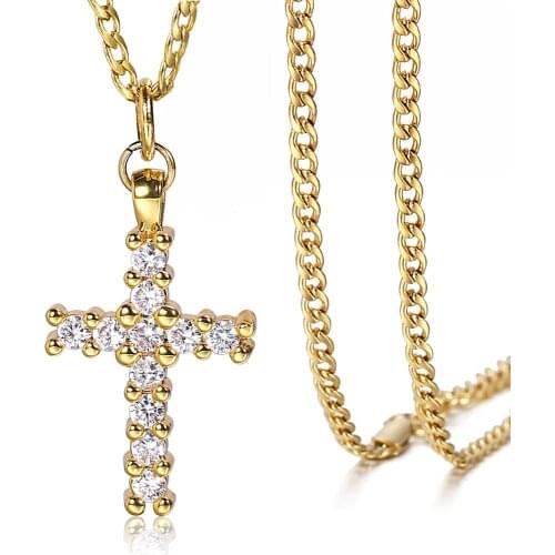 2mm Cross Pendant Necklace for Women Rose Gold Gold Silver Color Clear Cubic Zircon Rolo Cable Curb Link Chain Jewelry LGPM28