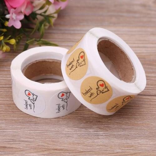 500 Pcs/roll Baked With Love Round Kraft Paper Sticker Adhesive Baking Label For Christmas Festival Cake Box Gift