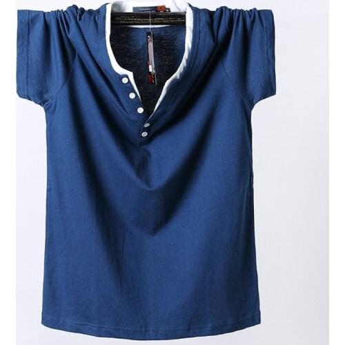 Plus Size 7XL 8XL Casual Cotton Henry T Shirt Men Anti-Wrinkle Short Sleeve Button V-Neck T-Shirt Male Breathable T-Shirts Homme