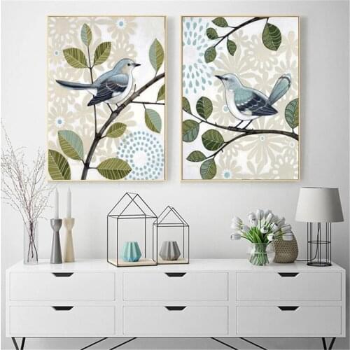 Flower Green Leaves Cute Blue Birds Animal Canvas Painting Pastoral Poster Print Wall Art Pictures Bedroom Home Decor Cuadros