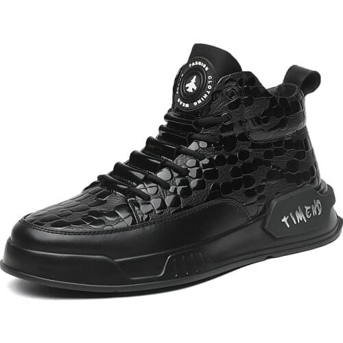 Leather Light Casual Shoes Crocodile Pattern Mens Shoes Winter Warm Fur Footwear 2021 Fashion Trendy Flats Black High Sneakers