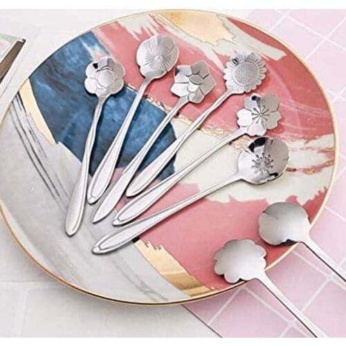 Flower Spoon Coffee Teaspoon Set Stainless Steel Teaspoon 2 Dessert Spoons of Different Lengths 9 Pieces