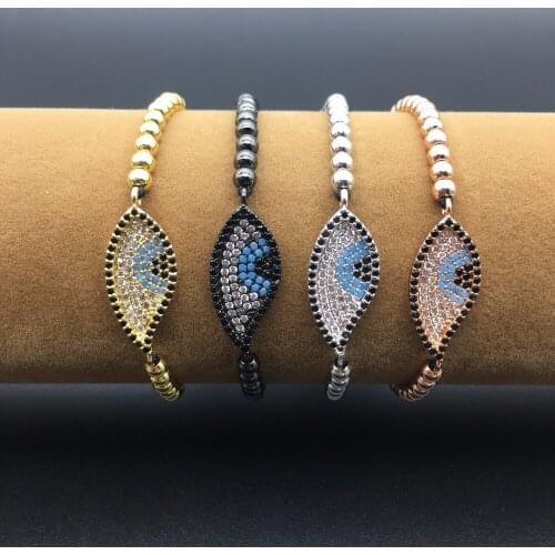 MY1243 Marquise Shape Micro Paved CZ Zircon Turkish style Evil Eye Bracelet with 4mm beads and Adjustable Rope Chain Jewelry