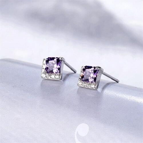New Korean Style Creative Square Purple 925 Sterling Silver Jewelry Temperament Geometric Crystal Stud Earrings SE932