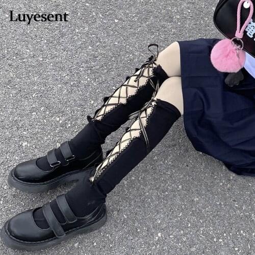 Solid Black Dark Lolita Cool Girl Criss-cross Ribbon Sock 2021 Fashion Gothic Women Hollow Out Hipster 100% Cotton Stockings Jk