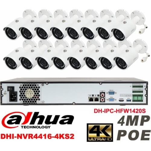 Dahua original 16CH 4MP H2.64 DHI-IPC-HFW1420S 16pcs bullet Waterproof camera POE DAHUA DHI-NVR4416-4KS2 IP security camera kit