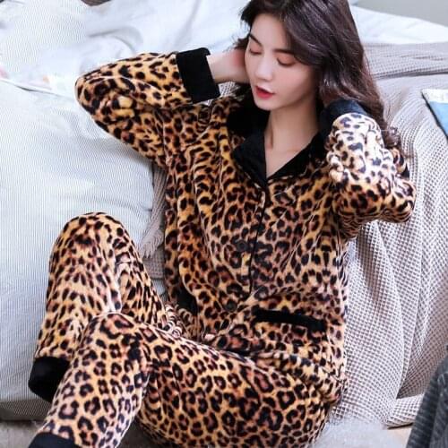 Thick Warm Leopard Women Pajamas Sets Female Sleepwear Flannel Winter Coral Velvet Home Clothing Cartoon Animal Pants Sleepwear