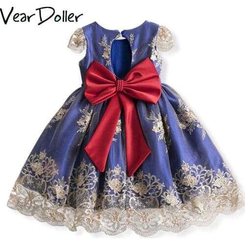 VearDoller Girl Full Dress with Big Bow Eouopean and American Style Kids Princess Ball Gown Floral Embroidery Girl Wedding Dress