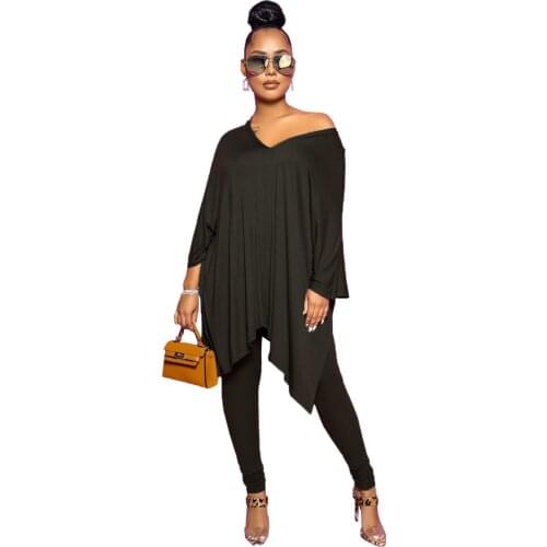 Casual V-neck Two Piece Suit Women Loose Outfit Long Sleeve T-shirt Top And Pants Fall Spring Lounge Wear Set Matching Clothes