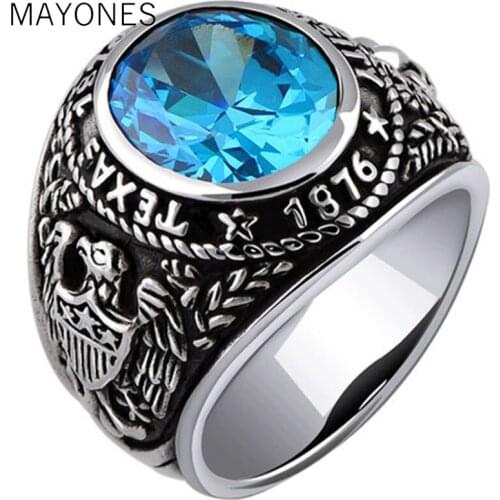Real 925 Sterling Silver Vintage Rings Anniversary Inlaid Blue Crystal Silver Carving Anchor And Eagle Wings Mens Ring