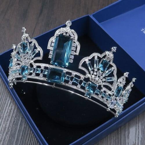 Luxurious Brides Large European Royal Full Zircon Tiara Crowns Square Baroque Red/Blue Zircon Queen Wedding Hair Accessories