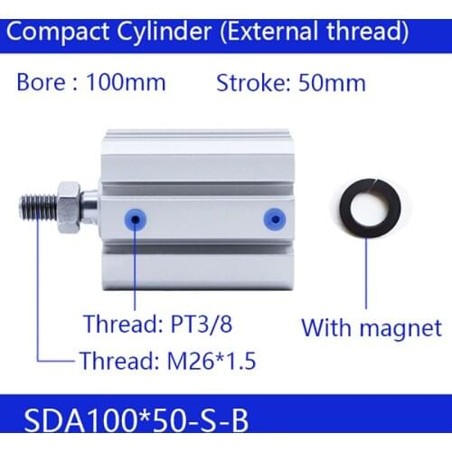 SDA100x50-B Free shipping 100mm Bore 50mm Stroke External thread Compact Air Cylinders Double Action Pneumatic Cylinder