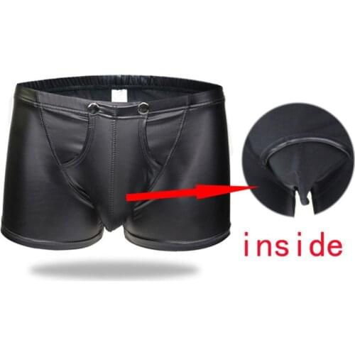 New Fashion Men Sexy Black Faux Leather Boxer Shorts Erotic Jockstrap Wrap Penis Pouch Underwear Fetish Gay Male Lingerie Trunks