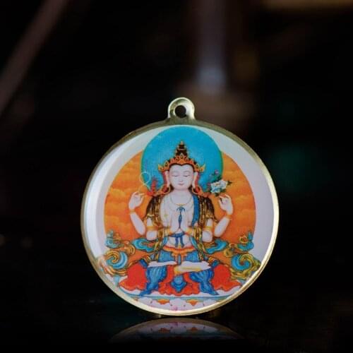 Four-armed Kwan-yin Buddha Statue Small Thangka Tibetan Buddhism Copper Foil Pendant