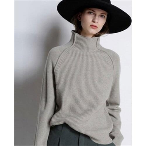 Pure cashmere turtleneck thick knit women fashion solid loose pullover sweater S-XL retail wholesale