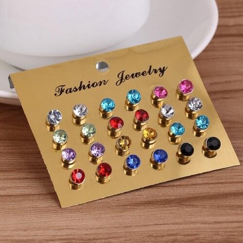 Unisex 12 pairs zircon ear studs round earrings ear ornaments flash drill for women men