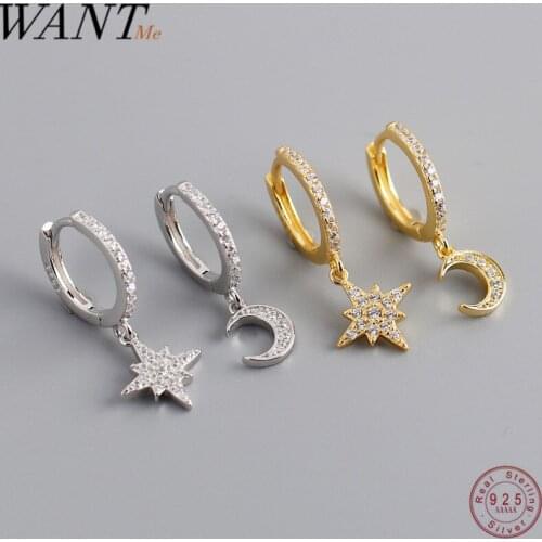 WANTME Real 100% 925 Sterling Silver Inlaid CZ Fine Star And Moon Stud Earrings for Women Party Wedding Jewelry Accessories Gift