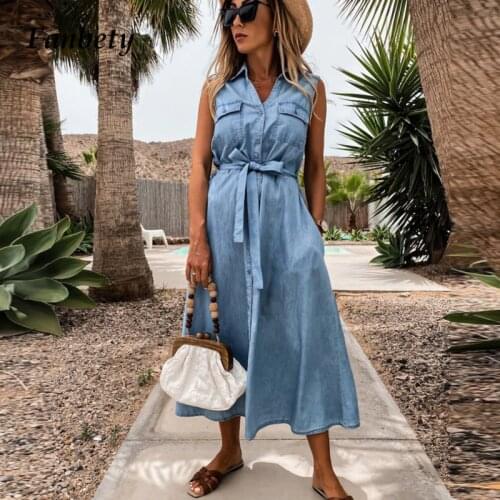 Women Elegant Turn-down Collar Denim Party Dress 2021 Summer Casual Sleeveless Button Long Dress Ladies Fashion Lace-Up Dress