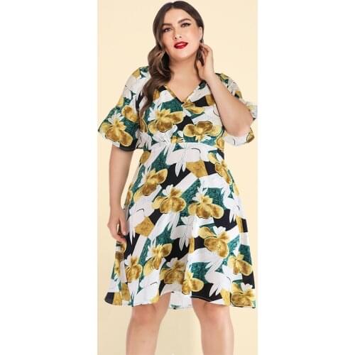 XL To 5XL Plus Size Women Summer Dress Floral Print V-neck High Waist A-line Stitching Mini Casual Party Dresses T5008