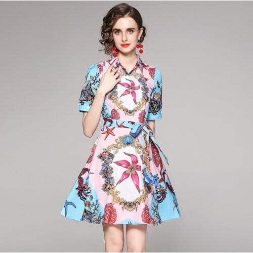 Menahem Runway Positioning Starfish Scallop Print Dress Women Short Sleeve Bow Collar Belt Slim High Waist Shirt Style Vestidos