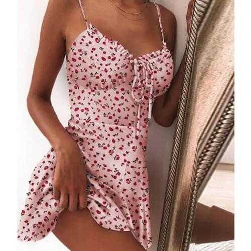 2021 Women Summer Casual Printed Dress Strawberry Printed Bandage Sling Mini Dress Summer Sleeveless Backless Skinny Dresses