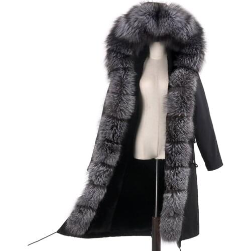 Winter Women Jacket Long Black White Real Fur Coat Natural Large Fur Collar Casual Female Parkas Outerwear Detachable Cloth