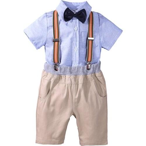 2021 Gentleman Baby Boys Sets Solid Bow Short Shirt+Shorts Clothes Adjustable Sling Toddler Kids Overalls Tracksuit Costume