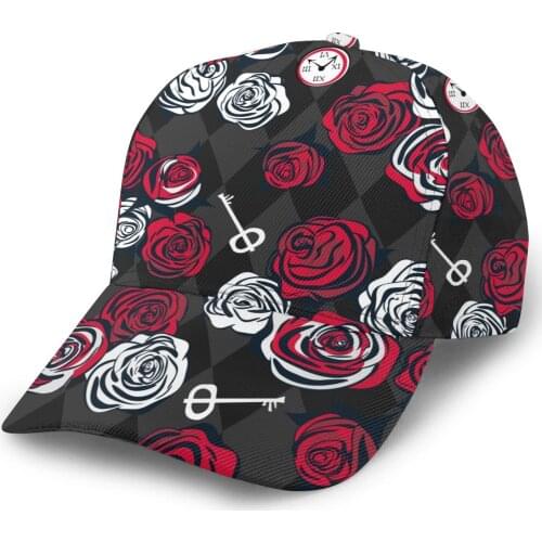 2021 Summer New Unisex Outdoor Sport Sunscreen Baseball Hat Running Visor Cap Red And White Roses Key And Clock On Chess Alice