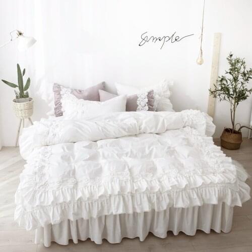3/4pcs Duvet Cover Cotton Drap Lit 2 Places Wgite Lace Ruffle Bedding Skirt for Girls Teens Single Queen King Size Bed Covers