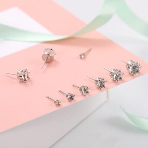 6Pair Women Rhinestone Zircon Stainless Steel Ear Stud Ring Earrings Jewelry Set