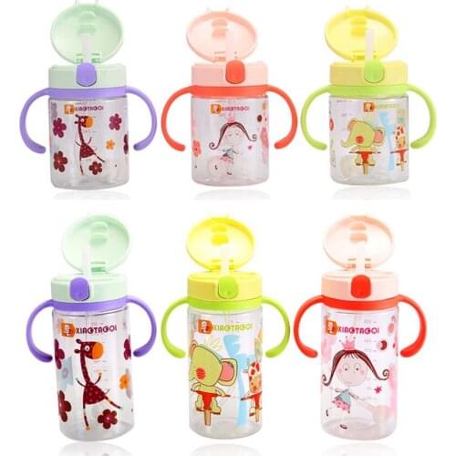 220/330ml Cute Cartoon Baby Cup Kids Learn Feeding Drinking Water Straw Handle Bottle Children Training Cup