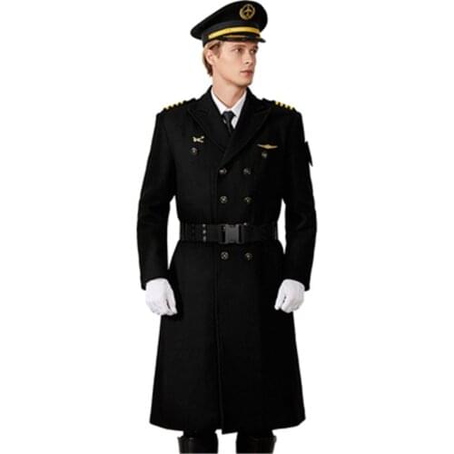 Pilot Captain Black Woollen Long Coat Winter Thick Aviation Clothes Noble Military Uniform For Army Officer Work Cosplay Show
