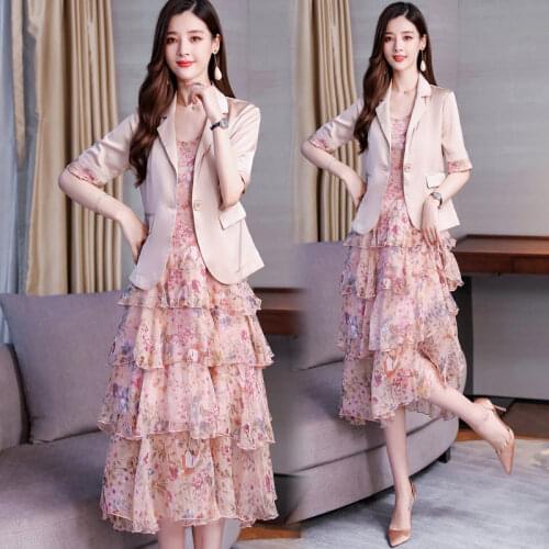 Elegant Blazer Dress Suits For Office Lady 2020 Spring Summer Slim Cascading Ruffle Sleeveless Floral Dress 2 Piece Set Women f2