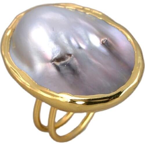 GG Jewelry Natural Oval White Gray Mabe Pearl 24K Gold Color Plated Adjustable Ring For Women Lady Jewelry