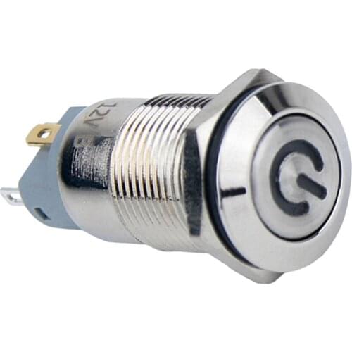 Blue Light Latching Power Pushbutton Switch ON/OFF Silver Stainless Steel Waterproof Suitable for 12mm 1/2'' Mounting Hole