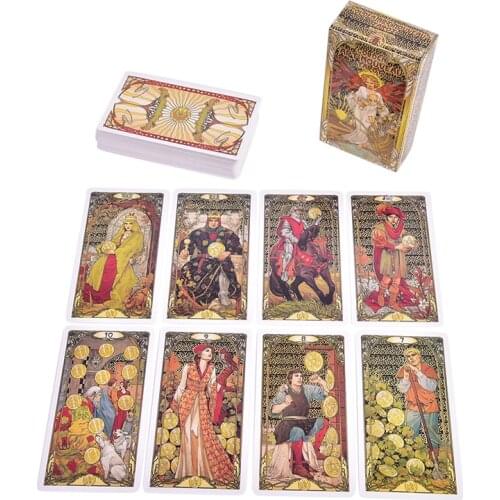 Golden Art Nouveau Tarot Deck 78 Cards with Guidebook Cards Occult Divination Book Sets for Beginners Box
