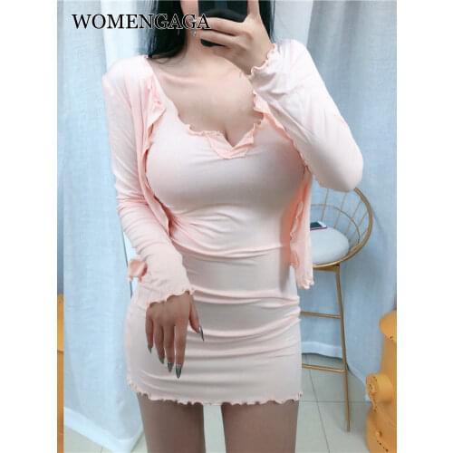 Speing 2021 Fashion Long Sleeve Summer Tops Cardigan + Sleeveless Vest Tank Dress Slim Two Piece Set Solid Color Sexy Hot QE8N