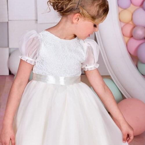 Custom made lace puff sleeve girl ball gown dress
