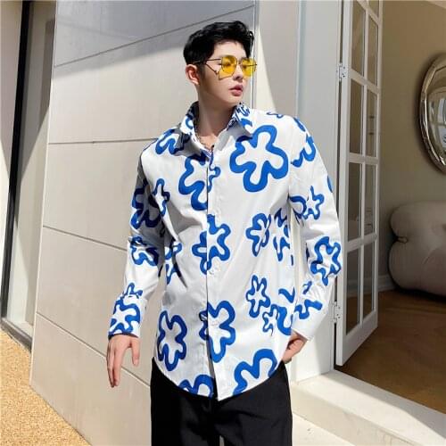 Mens Youth Korean Fashion Floral Print Long Sleeves Loose Casual Shirt X3