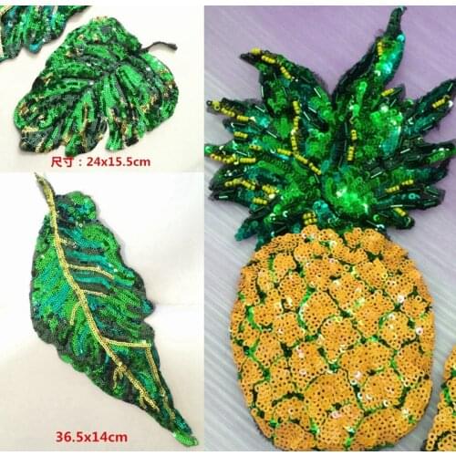 2pcs/lot Sew On Sequin Beaded Green Banana Leaf Patch Applique Patches For Clothing Dress Appliques Parches Bordados Ropa
